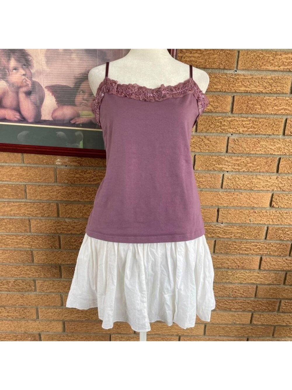 Purple lace trim camisole tank top with ruffle and sequin details